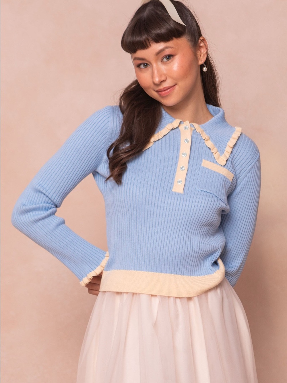 Light Blue Ruffle Collar Knit Top with Cream Trim